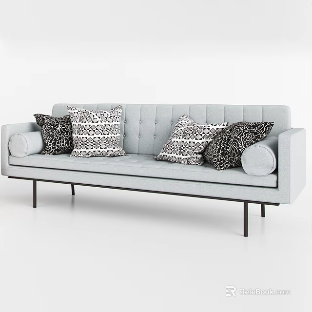 Modern Light Gray Three-Seater Sofa With Patterned Cushions And Black Legs 3d model