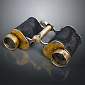 Panoramic Natural Scenery View Through Retro Black Gold Binoculars On Gray Background