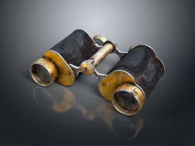 Panoramic Natural Scenery View Through Retro Black Gold Binoculars On Gray Background 3d model