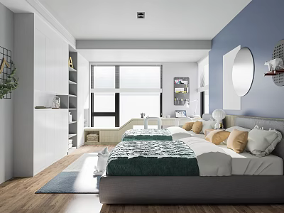 Modern Kids Room Interior Design With Bed Pillows Blue Wall Bookshelf And Mirror 3d model