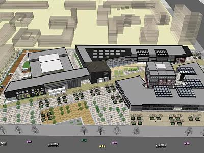 Urban Building Complex Aerial View With Parking Lots Green Areas And Roads 3d model