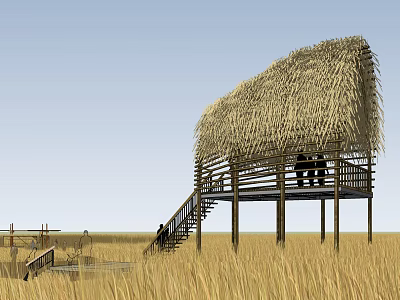 Elevated Wooden House with Thatched Roof in Grassland and Staircase Leading to Deck 3d model