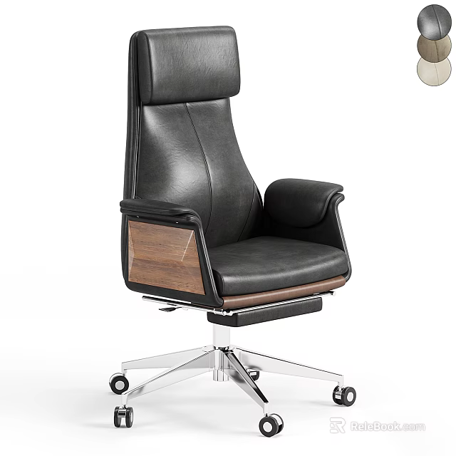 High Back Black Leather Office Chair With Walnut Wooden Armrests Metal Base And Wheels 3d model 