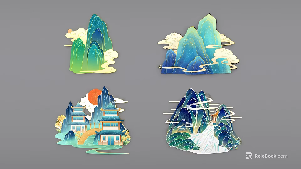 Chinese Mountain Landscape Wall Decor With Clouds Sun And Traditional Architecture 3d model