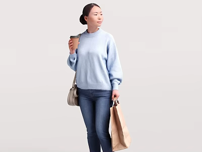 Woman Wearing Light Blue Sweater Holding Coffee Cup Brown Shopping Bag And Beige Bag 3d model