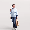 Woman Wearing Light Blue Sweater Holding Coffee Cup Brown Shopping Bag And Beige Bag
