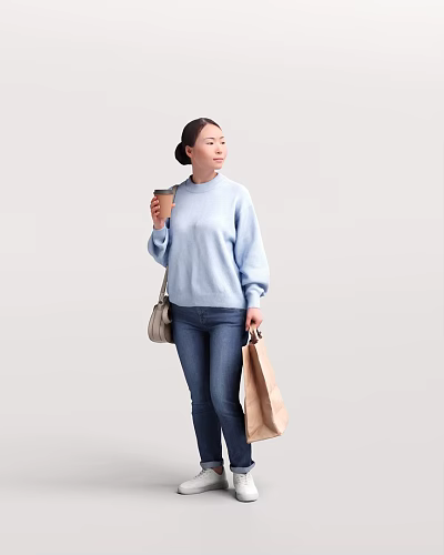 Woman Wearing Light Blue Sweater Holding Coffee Cup Brown Shopping Bag And Beige Bag 3d model