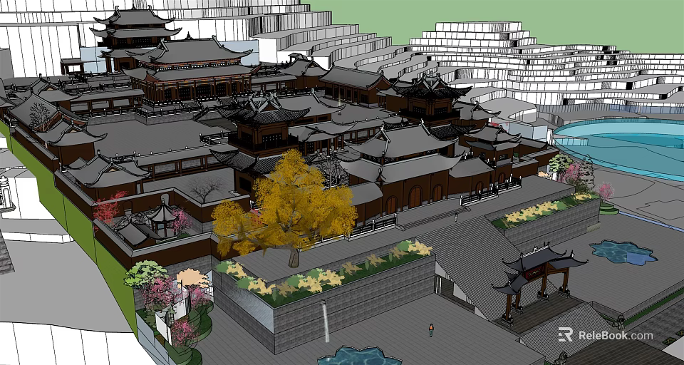 Ancient Chinese Architecture Complex With Courtyard Garden Trees And Flower Beds 3d model 