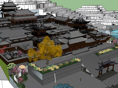 Ancient Chinese Architecture Complex With Courtyard Garden Trees And Flower Beds 3d model