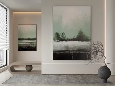 Abstract Paintings in Modern Interior with Green Gray Tones Abstract Landscape Style on White Wall 3d model