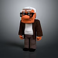 Cartoon Elderly Man Sculpture with White Hair Black Framed Glasses Brown Coat and Serious Expression