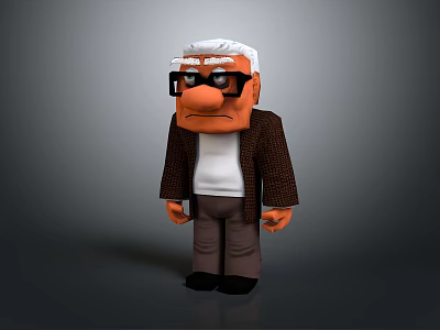 Cartoon Elderly Man Sculpture with White Hair Black Framed Glasses Brown Coat and Serious Expression 3d model