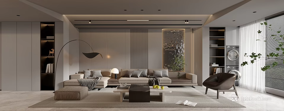 Modern Living and Dining Room Interior With Sofa Coffee Table And Decorative Painting 3d model 