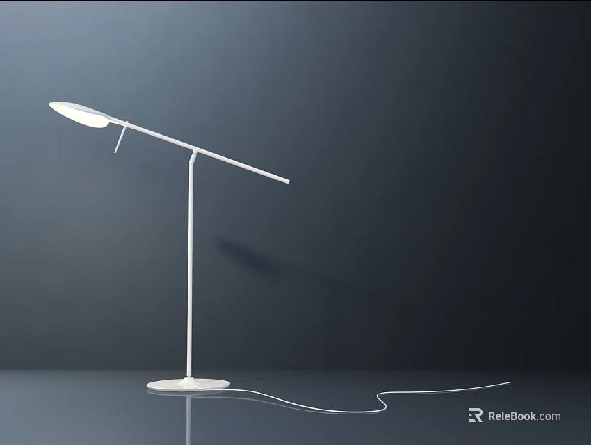 Minimalist White Table Lamp With Long Arm And Round Base On Dark Background 3d model 