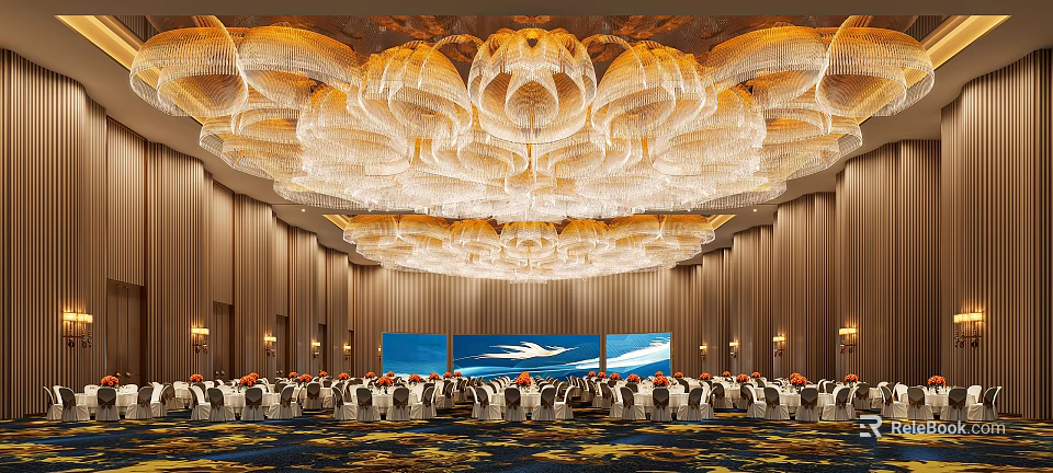Luxurious Banquet Hall with Golden Crystal Chandeliers Wooden Walls Large Screens and Neatly Arranged Tables 3d model 