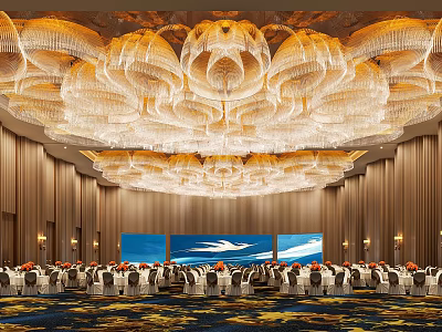 Luxurious Banquet Hall with Golden Crystal Chandeliers Wooden Walls Large Screens and Neatly Arranged Tables 3d model