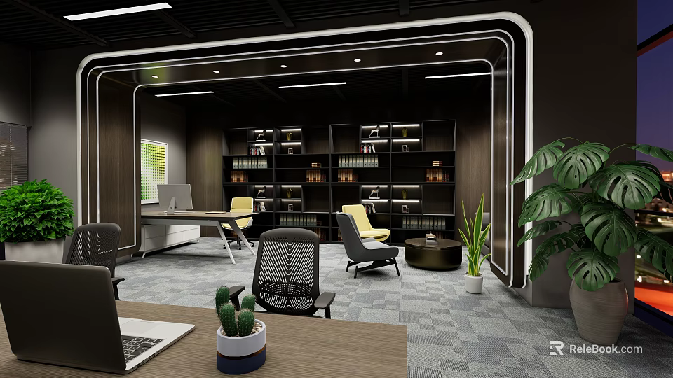 Modern Office Interior Design With Bookshelves Desks Chairs And Plants 3d model 