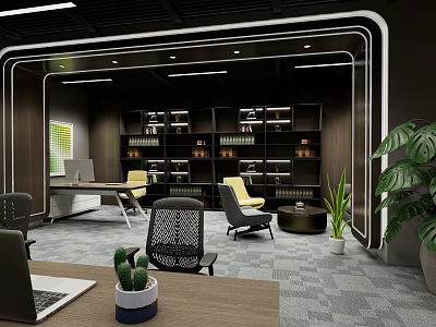 Modern Office Interior Design With Bookshelves Desks Chairs And Plants 3d model