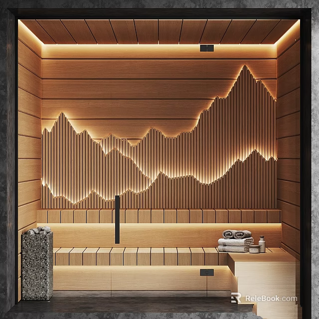 Sauna Decorative Accessories Set Including Stacked Towels Bath Amenities Stone Decor With Wooden Slats Lighting 3d model 