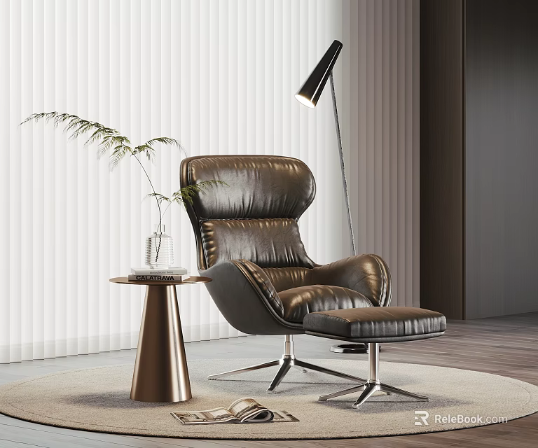 Contemporary Leather Leisure Chair With Ottoman Side Table Floor Lamp Blinds And Plant 3d model 