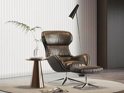 Contemporary Leather Leisure Chair With Ottoman Side Table Floor Lamp Blinds And Plant 3d model