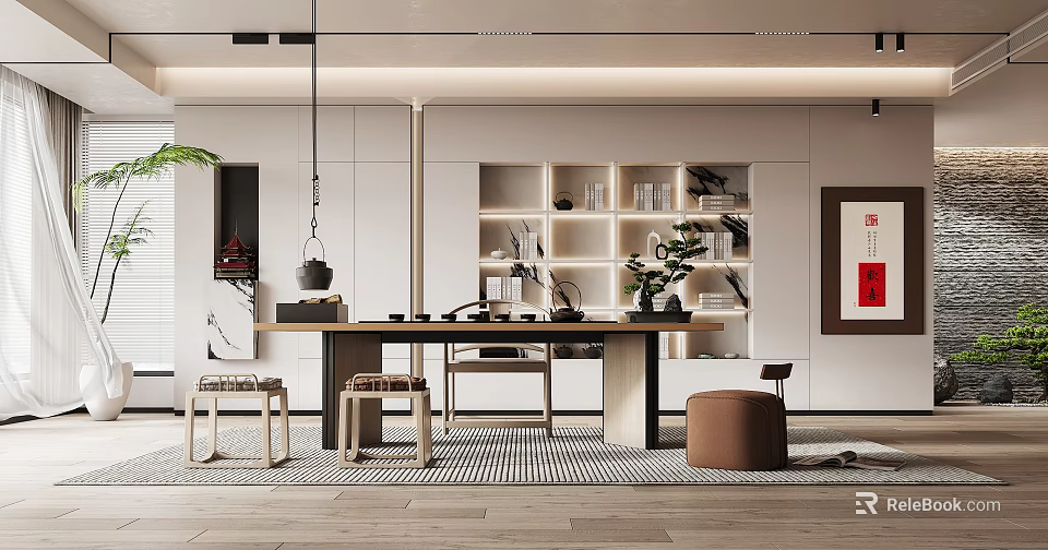 Traditional Tea Room Interior With Wooden Table Stools Shelves And Potted Plants 3d model 