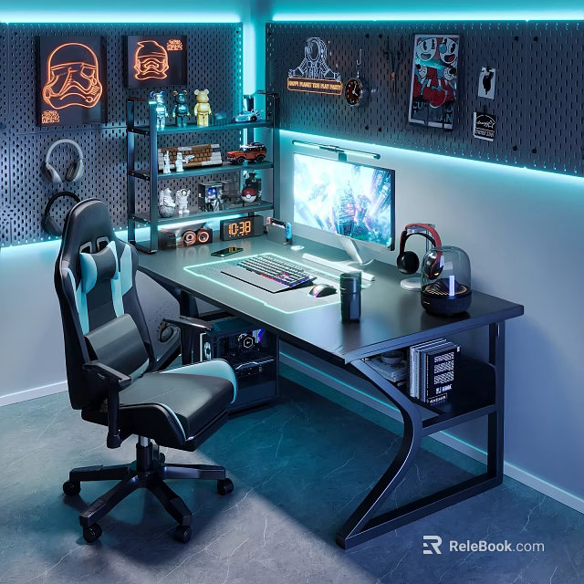 Modern Black Entertainment Desk With Gaming Chair Computer Headphones And Blue Ambient Lighting 3d model 