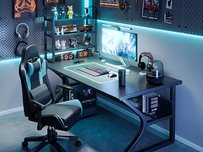 Modern Black Entertainment Desk With Gaming Chair Computer Headphones And Blue Ambient Lighting 3d model