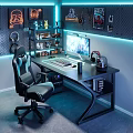 Modern Black Entertainment Desk With Gaming Chair Computer Headphones And Blue Ambient Lighting