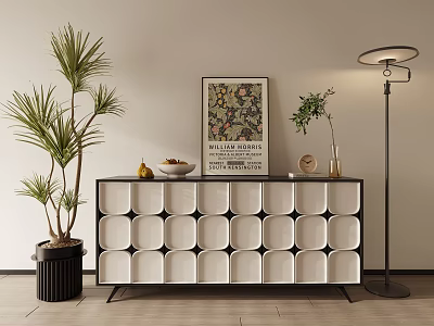 Modern Geometric Sideboard with Potted Plants Artwork and Floor Lamp in Dining Room 3d model