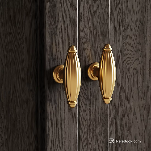 Elegant Golden Metal Door Handles Mounted On Dark Wooden Door 3d model 