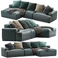 Dark Green Leather Sectional Sofa With Plush Cushions And Throw Blanket 3d model