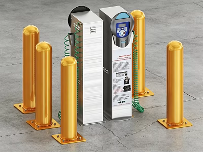 Industrial Equipment Control Device With Silver Casing Golden Bollards Display Screen And Coiled Cables 3d model