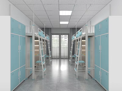 Blue And White Dormitory Interior With Bunk Beds Lockers And Window Lighting 3d model