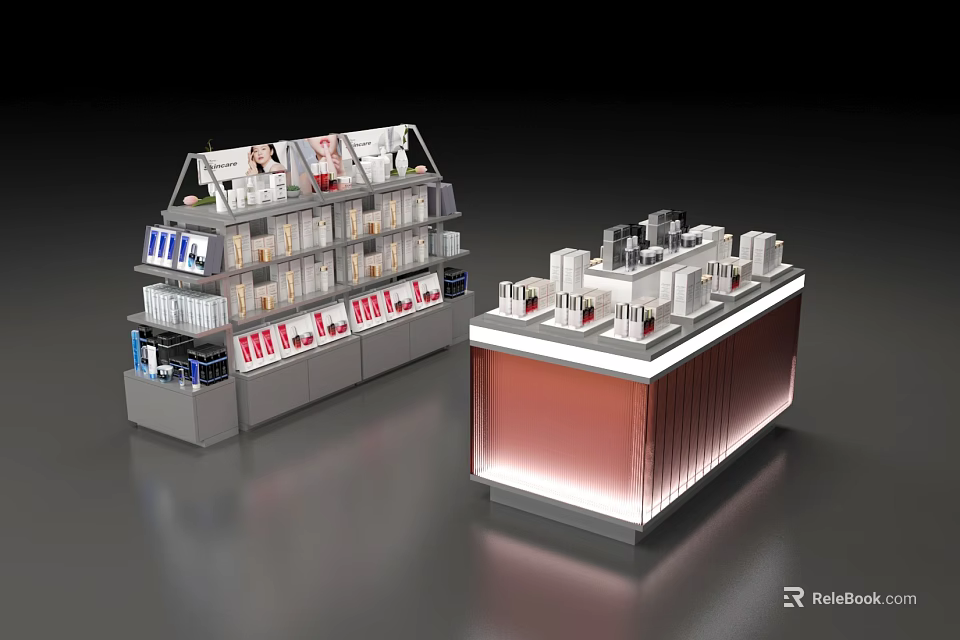 Modern Display Shelves Featuring Multiple Layers And Various Cosmetic Products On 3d model 