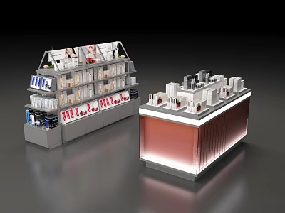 Modern Display Shelves Featuring Multiple Layers And Various Cosmetic Products On 3d model