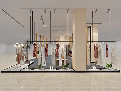 Fashion Clothing Store Interior With Hanging Dresses Decorative Plants And Lighting Fixtures 3d model
