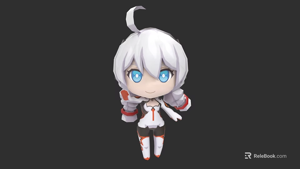 Chibi Style Game Movie Character With White Short Hair Blue Eyes And Red Outfit 3d model 