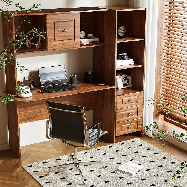 Cozy Wooden Desk With Laptop Bookshelf Plants Black Chair And Blinds On Wooden Floor 3d model 