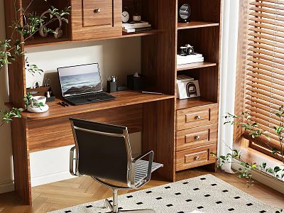 Cozy Wooden Desk With Laptop Bookshelf Plants Black Chair And Blinds On Wooden Floor 3d model