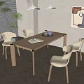 Wooden Dining Table Set With Four Chairs Book Fruit Platter Wall Art And Pendant Lights