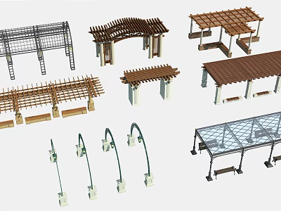 Various Pergola Designs With Wooden Structures Metal Frames And Seating Benches 3d model
