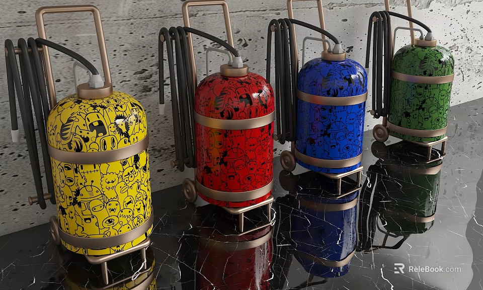 Fire Extinguishers In Yellow Red Blue Green With Metal Frames And Wheels On Black Surface 3d model 