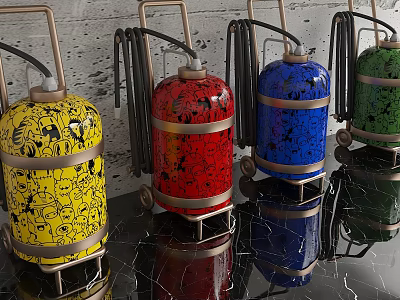 Fire Extinguishers In Yellow Red Blue Green With Metal Frames And Wheels On Black Surface 3d model