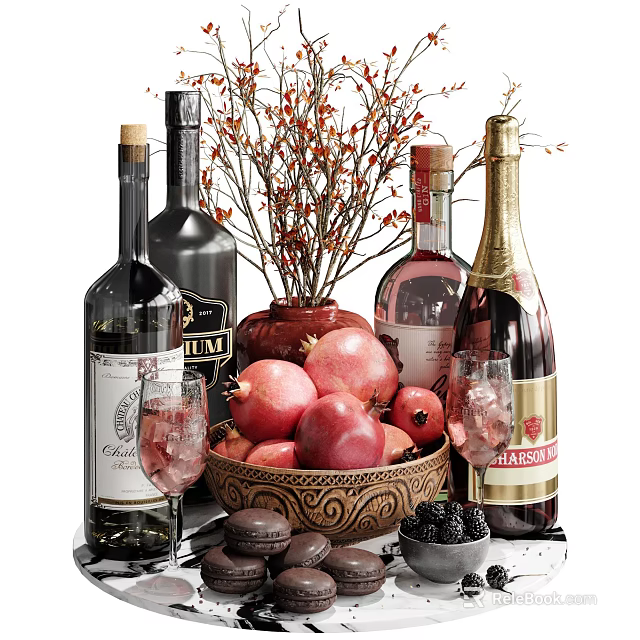 Wine Bottles and Wine Glasses with Pomegranates Macarons Berries and Decorative Flowers 3d model 