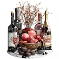 Wine Bottles and Wine Glasses with Pomegranates Macarons Berries and Decorative Flowers