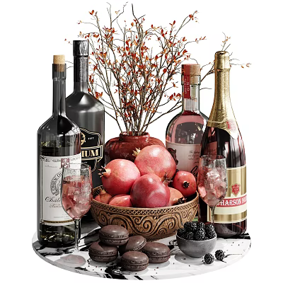 Wine Bottles and Wine Glasses with Pomegranates Macarons Berries and Decorative Flowers 3d model