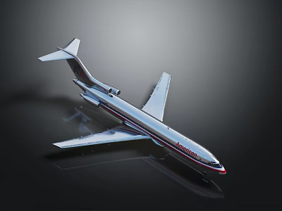 Silver Passenger Airplane Model With Red Accents On Black Reflective Background 3d model