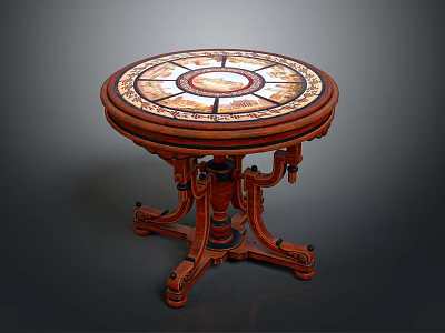 Classic Wooden Round Table With Intricate Inlaid Top And Ornate Carved Base 3d model