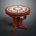Classic Wooden Round Table With Intricate Inlaid Top And Ornate Carved Base